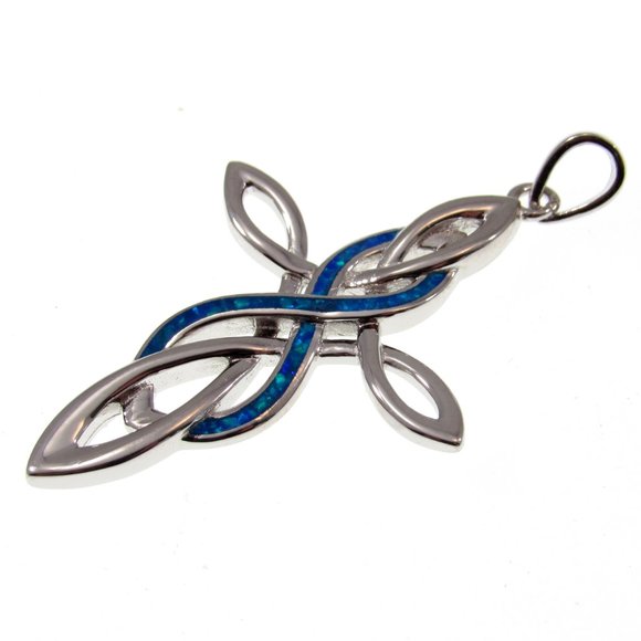 Solid 925 Sterling Silver and Blue Opal Celtic Cross & Infinity Knot Pendant - Picture 4 of 5